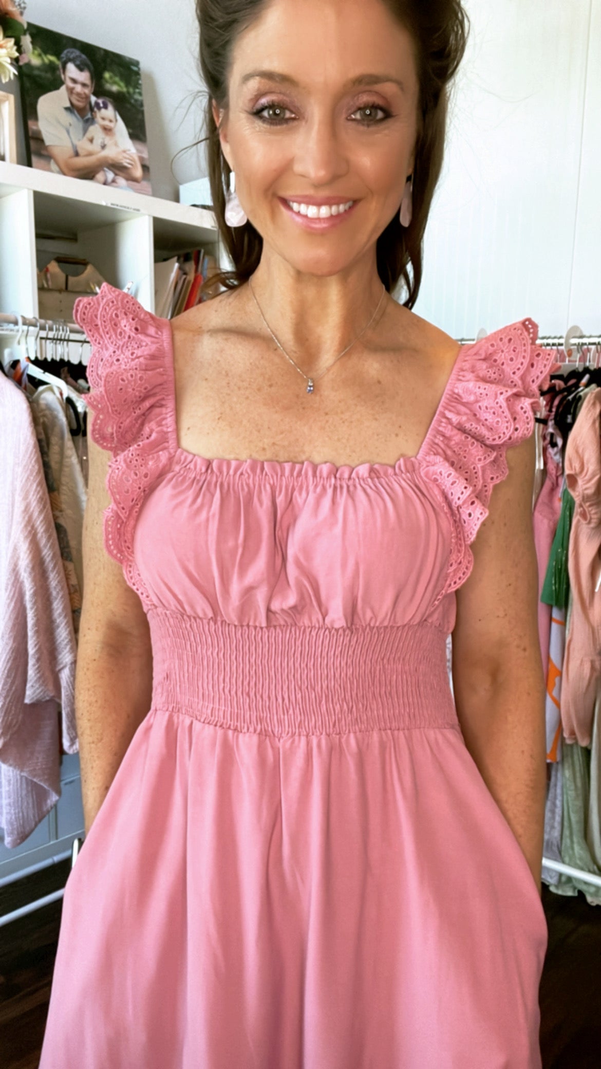 Dusty Pink Eyelet Sleeve Dress with Pockets